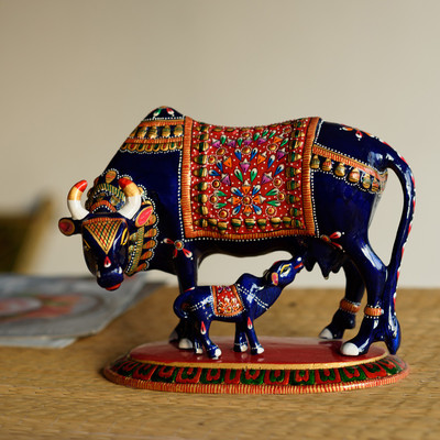

eCraftIndia Meenakari Metal Black Cow And Calf Figurine Decorative Showpiece - 21 cm(Aluminium, Blue, Red)