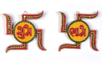 

JaipurCrafts Papier-Mache Swastika Shubh-Labh Wall Hanging Decorative Showpiece - 15.24 cm(Paper Mache, Multicolor)