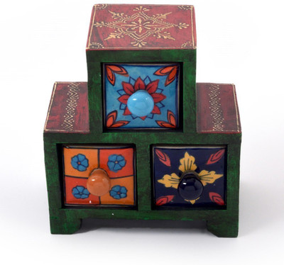 

Creative Handicraft Ceramic Blue Pottery Triple Drawer Set Decorative Showpiece - 14 cm(Wooden, Brown)