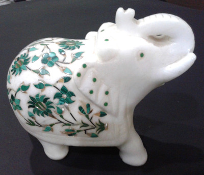 

Stonearts Marble Inlay Elephant Decorative Showpiece - 10 cm(Stoneware, Multicolor)