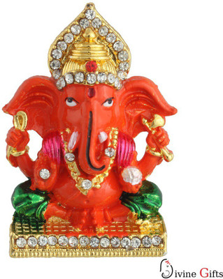Divine Gifts & Artificial Jewellery Ganesha Vighanharta Orange V Showpiece - 4 cm(Brass, Orange, Green)