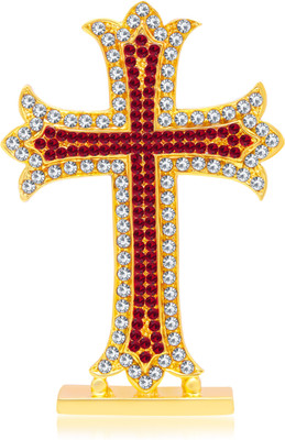 

Kulin Cross Stand With Artificial Diamond Ideal For Home Decor | Gifting Decorative Showpiece - 6 cm(Gold Plated, Red)