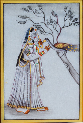 

eCraftIndia Marble Ragini Painting with Peocock Decorative Showpiece -(Stoneware, Multicolor)