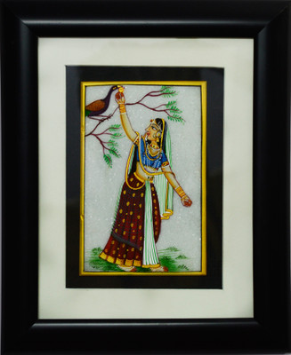 

eCraftIndia Ragini with Peacock Marble Painting (Wooden Framed) Decorative Showpiece - 27.94 cm(Stoneware, Wooden, Multicolor)