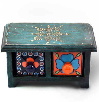 

Shree Sai Handicraft Home Decorative Wooden Ceramic Blue Pottery Double Drawer Set Decorative Showpiece - 15 cm(Wooden, Brown)
