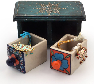 

Creative Handicraft Ceramic Blue Pottery Double Drawer Set Decorative Showpiece - 15 cm(Wooden, Brown)