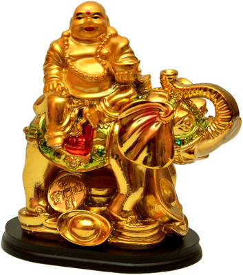 

Vastu Art Vastu / Feng Shui / Laughing Buddha On A Elephant For Health , Wealth And Good Luck Decorative Showpiece - 12 cm(Polyresin, Gold)