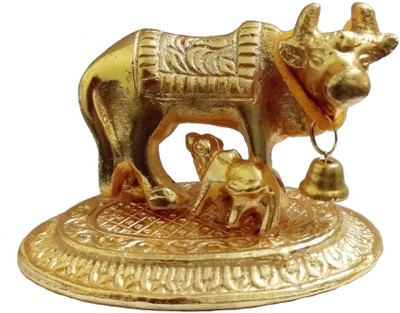 Spiritual Max Golden Kamdhenu Cow with Calf Decorative Showpiece - 5 cm(Brass, Gold)