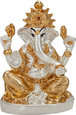 

Siri Creations Silver Foil Ganesha with Gold Touch Oval base Decorative Showpiece - 8 cm(Silver Plated, Silver)