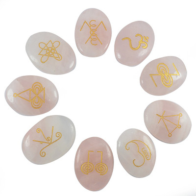 

Reiki Crystal Products Rose Quartz Karuna Reiki Symbol Engraved Decorative Showpiece - 8 cm(Crystal, Pink, Gold)