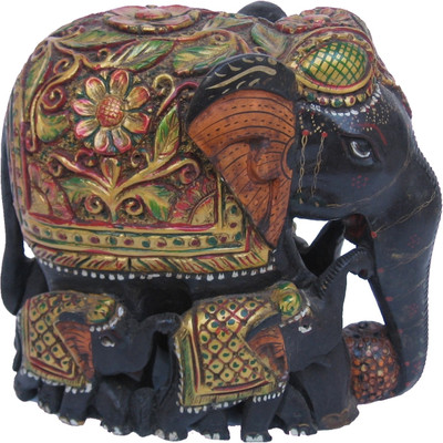 

Craft International Family Elephant Carved Painted Decorative Showpiece - 15 cm(Wooden, Multicolor)