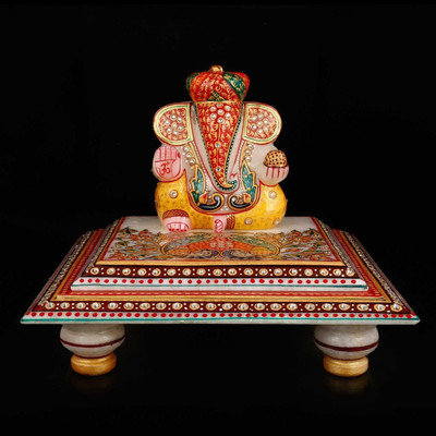 

Collectible India Marble Jeweld Lord Ganesha Idol On Chowki Handpainted Diwali Marriage Gift Decorative Showpiece - 12.5 cm(Stoneware, Multicolor)