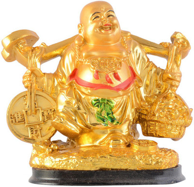 

JaipurCrafts Golden Laughing Buddha With Coins Decorative Showpiece - 10 cm(Stoneware, Multicolor)