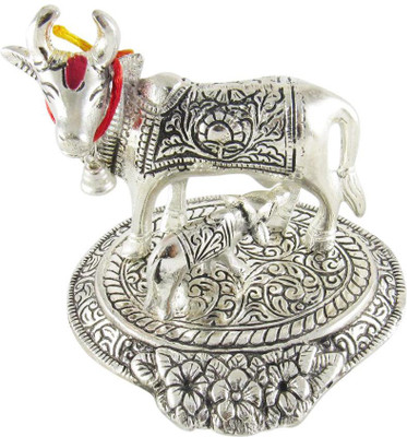 

GoldGiftIdeas Oxidized Kamdhenu Cow and Calf Statue, Home Decor Decorative Showpiece - 10 cm(Silver Finish, Silver)