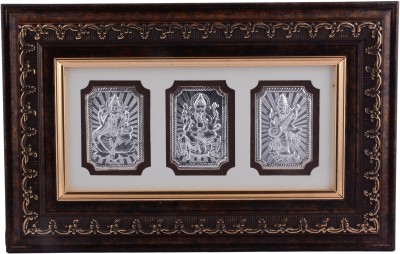 Siri Creations 999 Pure Lakshmi Ganesh Saraswathi With Wooden Frame Decorative Showpiece  -  16 cm(Silver, Silver)