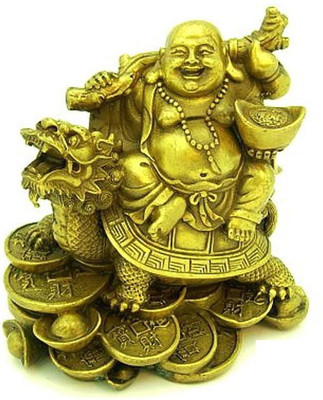 

ShubhBhakti Feng Shui Energized Laughing Buddha on Dragon Decorative Showpiece - 10 cm(Polyresin, Gold)