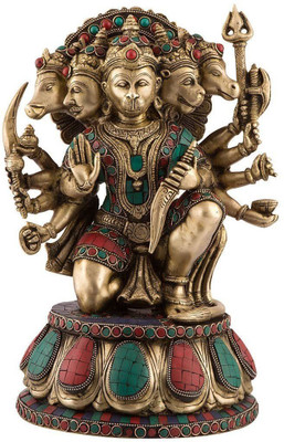 Collectible India Tall Unique Five Face Hanuman Idol - Inlay Work - Bajrang Bali Religious Deity Decorative Showpiece  -  33 cm(Brass, Brown)