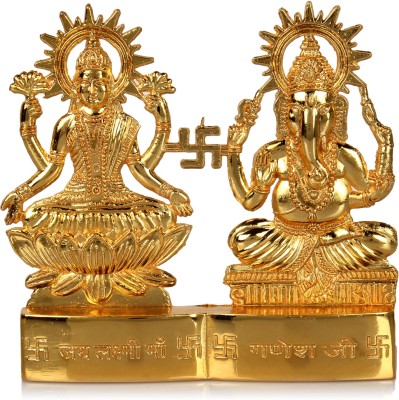 Hashcart Hindu God Laxmi Ganesh Set Statue Idol Murti in Brass (4x4 inch) Decorative Showpiece  -  10.16 cm(Brass, Gold)