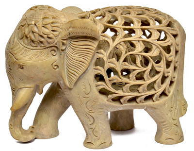 

Artist Haat Natural Soapstone Elephant Sculpture Hand Carved Jali Decorative Showpiece - 12 cm(Stoneware, Beige)