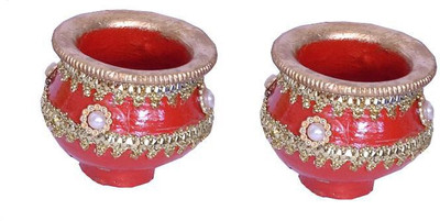 

Indigo Creativs Handcrafted Terracotta Gota Decorated cute mini 3" Matki Pair for Diwali Puja & Decoration Decorative Showpiece - 8 cm(Earthenware, Multicolor)