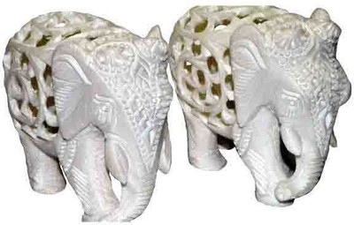 

Pooja Creation Marble Pair Elephant With Beautiful Design And Lots Of Color Decorative Showpiece - 11 cm(Stoneware, White)