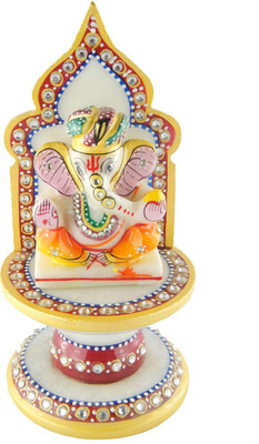 

Chave Marble Pagdi Ganesh with singhasan and real hand painting of rajasthan Decorative Showpiece - 10 cm(Stoneware, Multicolor)