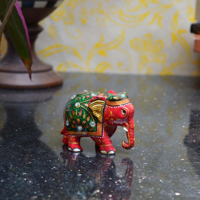 

eCraftIndia Orange Painted Elephant Statue Decorative Showpiece -(Wooden, Red, Green)