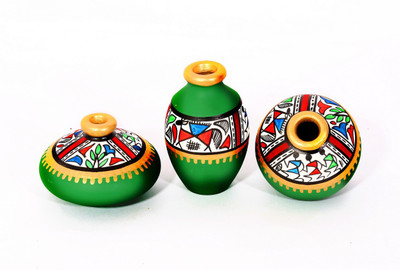 

NG Art Ventura Green Terracotta Warli Hand painted Miniature Pots : Set Of 3 Decorative Showpiece - 10 cm(Terracotta, Light Green)