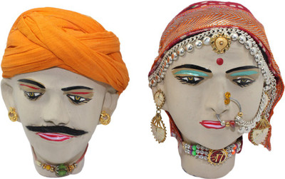 

Frabjous Rajasthani Man & Woman Face Sculpture Decorative Showpiece - 12 cm(Paper Mache, White)