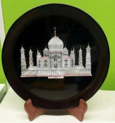 Pooja Creation Black Marble Plate with Taj mahal Inlay work 6 inch for wall decor Decorative Showpiece  -  8 cm(Stone, White)