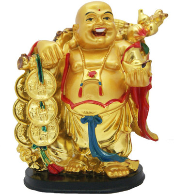 

DivyaMantra Feng Shui Laughing Buddha Holding Ingot Decorative Showpiece - 14 cm(Polyresin, Multicolor)