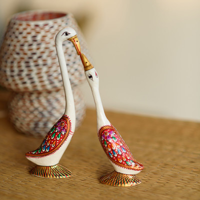 

eCraftIndia Loving Swan Couple White Meenakari Figurine Decorative Showpiece - 18 cm(Aluminium, White, Red, Brown)
