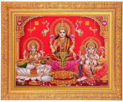 BM Traders Golden Zari Work Photo of Diwali Pooja With Gloden Frame Decorative Showpiece  -  27.94 cm(Wood, Gold)