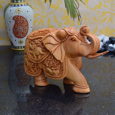 

eCraftIndia Saluting Elephant Decorative Showpiece - 15.3 cm(Wooden, Brown)