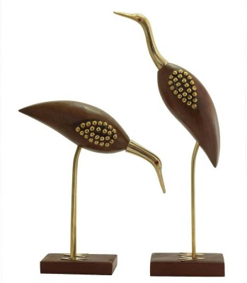 Handicraft Wooden And Brass Crane Bird Set Decorative Showpiece  -  42 cm(Brass, Brown)