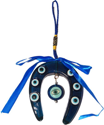 

DivyaMantra Car Decoration Rear View Mirror Hanging Accessories Feng Shui Blue Evil Eye Horse Shoe Decorative Showpiece - 18 cm(Polyresin, Blue)