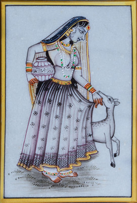 

eCraftIndia Charming Ragini Marble Painting with pot and Calf Decorative Showpiece -(Stoneware, Multicolor)