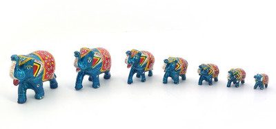 

Creative Handicraft 7 Piece Blue Elephant Set Decorative Showpiece - 11 cm(Paper Mache, Brown)