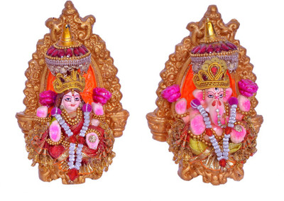 

Indigo Creativs Handcrafted Beautiful 5" Terracotta Lakshmi Ganesh on Singhasan Traditional Navratra Diwali Puja Statue Set Decorative Showpiece - 12 cm(Earthenware, Multicolor)