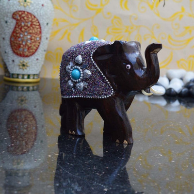 

eCraftIndia Elephant coated with Silver and Blue Stone Decorative Showpiece - 10.16 cm(Wooden, Brown)