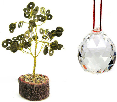 

Kraft Village 100 % Original Coin/Wealth Tree With Crystal Ball Decorative Showpiece - 17 cm(Alloy, Multicolor)
