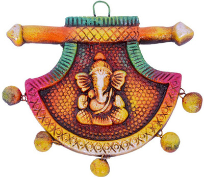 

Indigo Creativs Handcrafted Terracotta Lord Ganesha on Pankha Door / Wall Hanging Diwali Puja Decoration Decorative Showpiece - 13 cm(Earthenware, Multicolor)