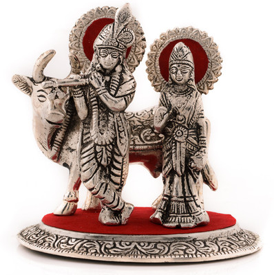 eCraftIndia Radha Krishna Statue with Cow Decorative Showpiece - 13.97 cm(Aluminium, Silver, Red) eCraftIndia Radha Krishna Statue with Cow Decorative Showpiece - 13.97 cm(Aluminium, Silver, Red)