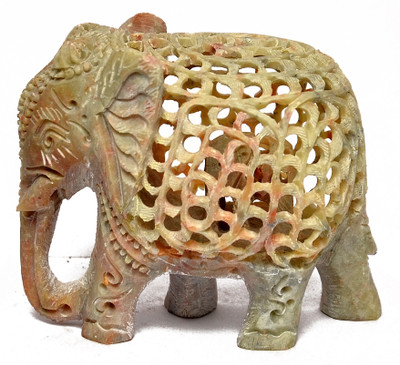 

Artist Haat Natural Soapstone Elephant Sculpture Hand Carved Jali Decorative Showpiece - 8 cm(Stoneware, Beige)