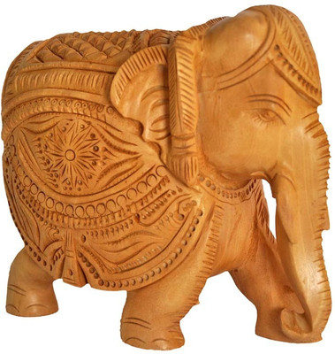 SHOPOJ Wooden Elephant Decorative Showpiece - 10 cm(Wood, Brown)