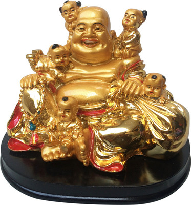

Ehatti Laughing buddha with babies Decorative Showpiece - 13 cm(Polyresin, Gold)