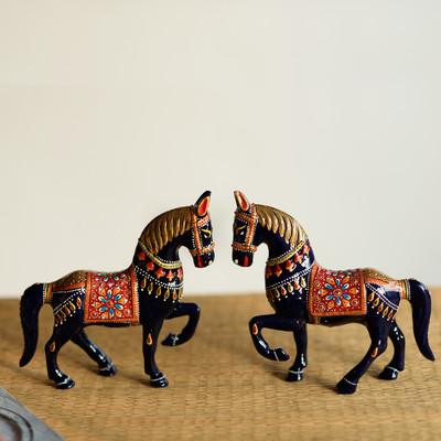 

eCraftIndia Set of 2 Colorful Meenakari Marching Horses Figurine Decorative Showpiece - 20 cm(Aluminium, Blue, Red)