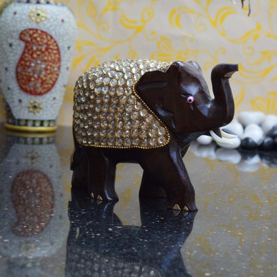 

eCraftIndia Elephant coated with Faux Crystals Decorative Showpiece - 10.16 cm(Wooden, Brown)