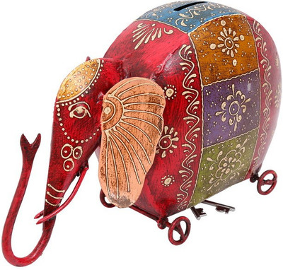 

NG Art Ventura Elephant Piggy Bank on Wheels Decorative Showpiece - 20 cm(Cast Iron, Multicolor, Red)