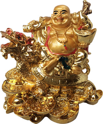 

Ehatti Laughing Buddha Sitting on Dragon & Coins with Ingot Potli Decorative Showpiece - 12 cm(Polyresin, Gold)
